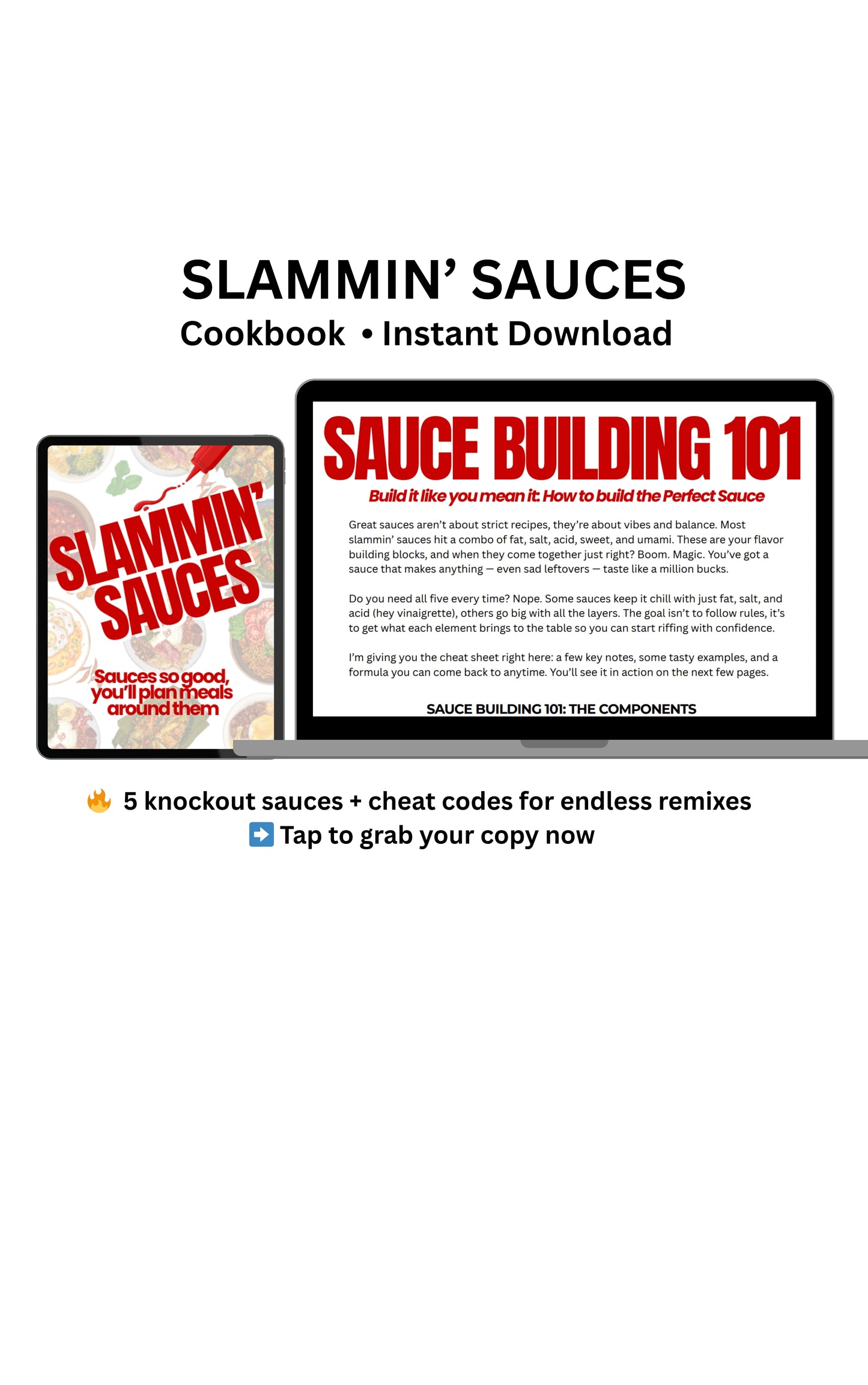 Promotional graphic for 'SLAMMIN' SAUCES Cookbook' with text and a small image of a book cover.